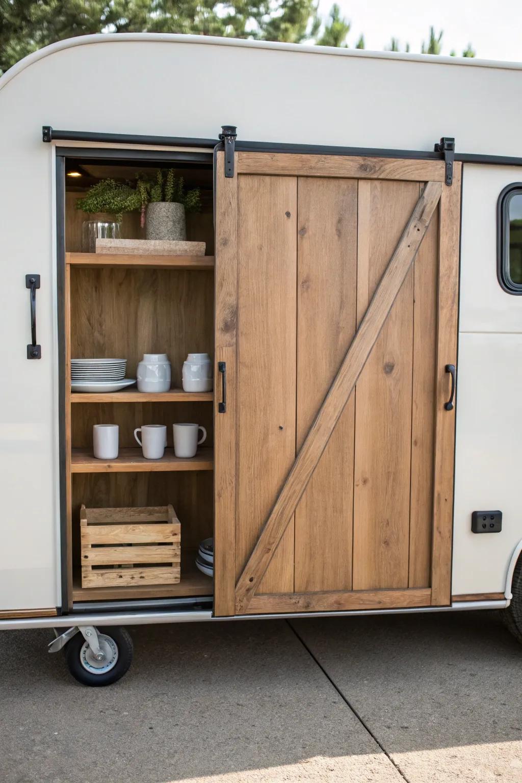Rustic sliding barn-door cabinet keeps napkins and cups secure—perfect for a mobile bar trailer.
