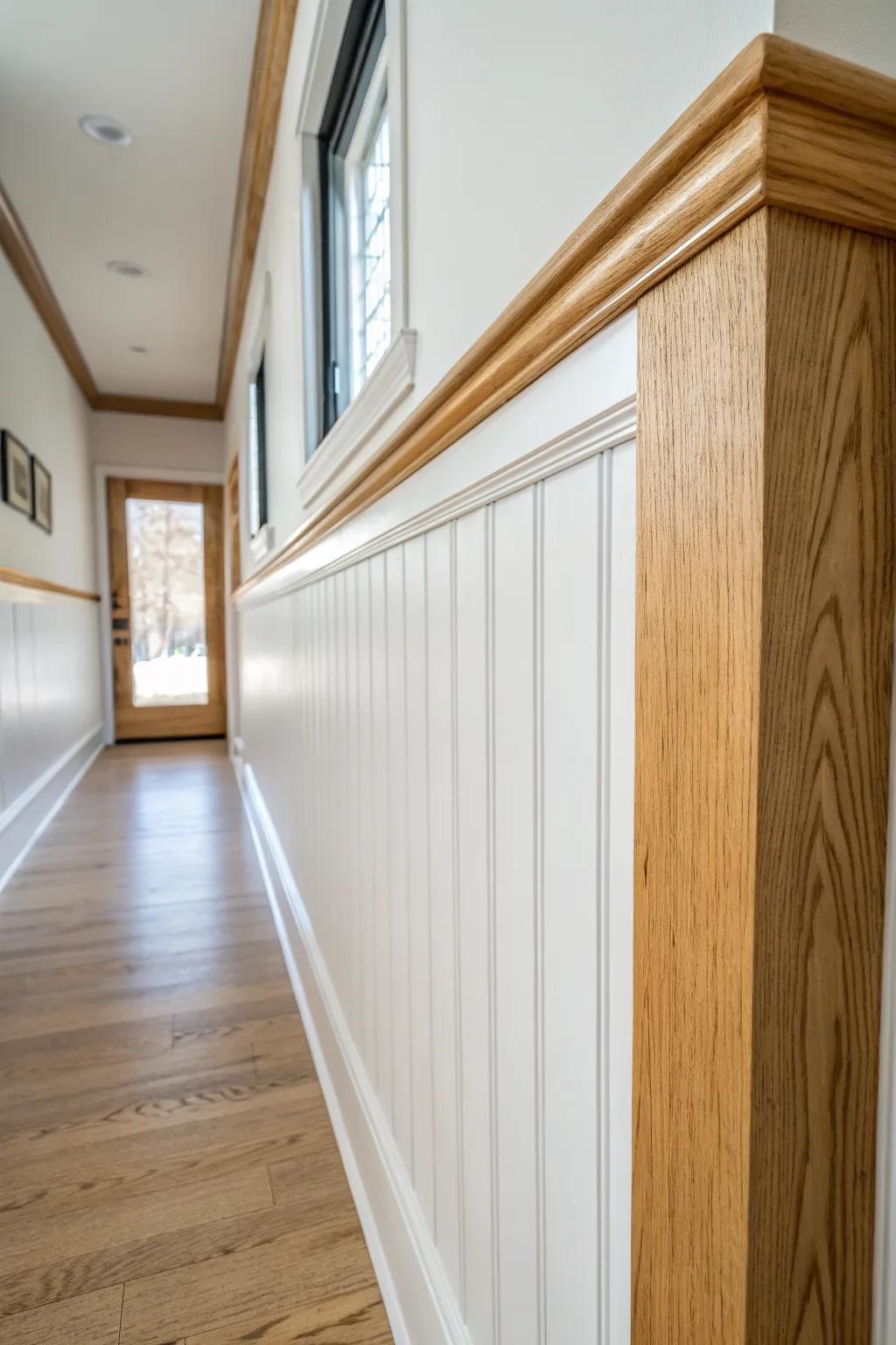 Beadboard wainscoting + a chunky cap rail adds durable, pretty trim to tight hallways.