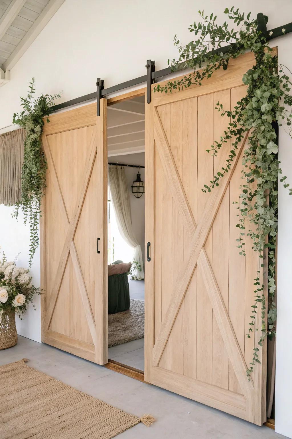 Open barn doors framed with airy greenery—simple, modern, and effortlessly romantic.