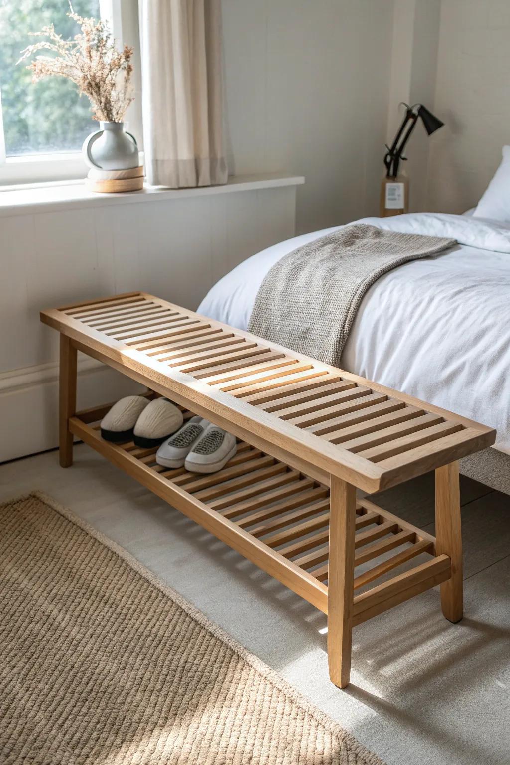 A slatted oak bench adds modern style—perfect for slippers and a folded throw at bed’s end.