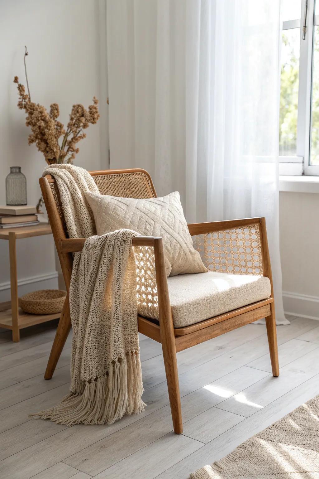 A cozy rattan-and-wood chair corner that turns an empty nook into a modern boho sanctuary.
