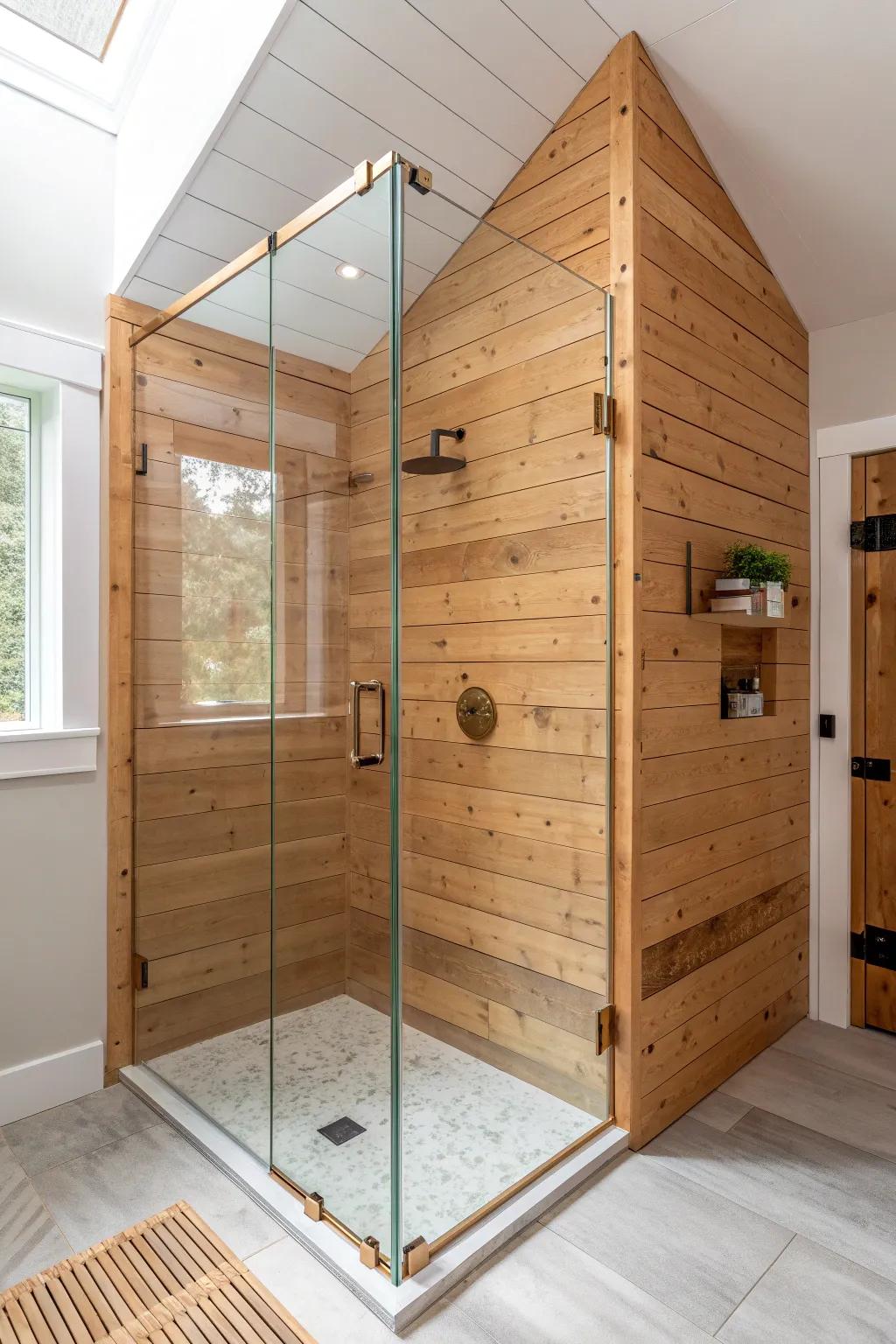 Frameless glass keeps cedar light and airy—modern warmth with a clean, spa-like feel.