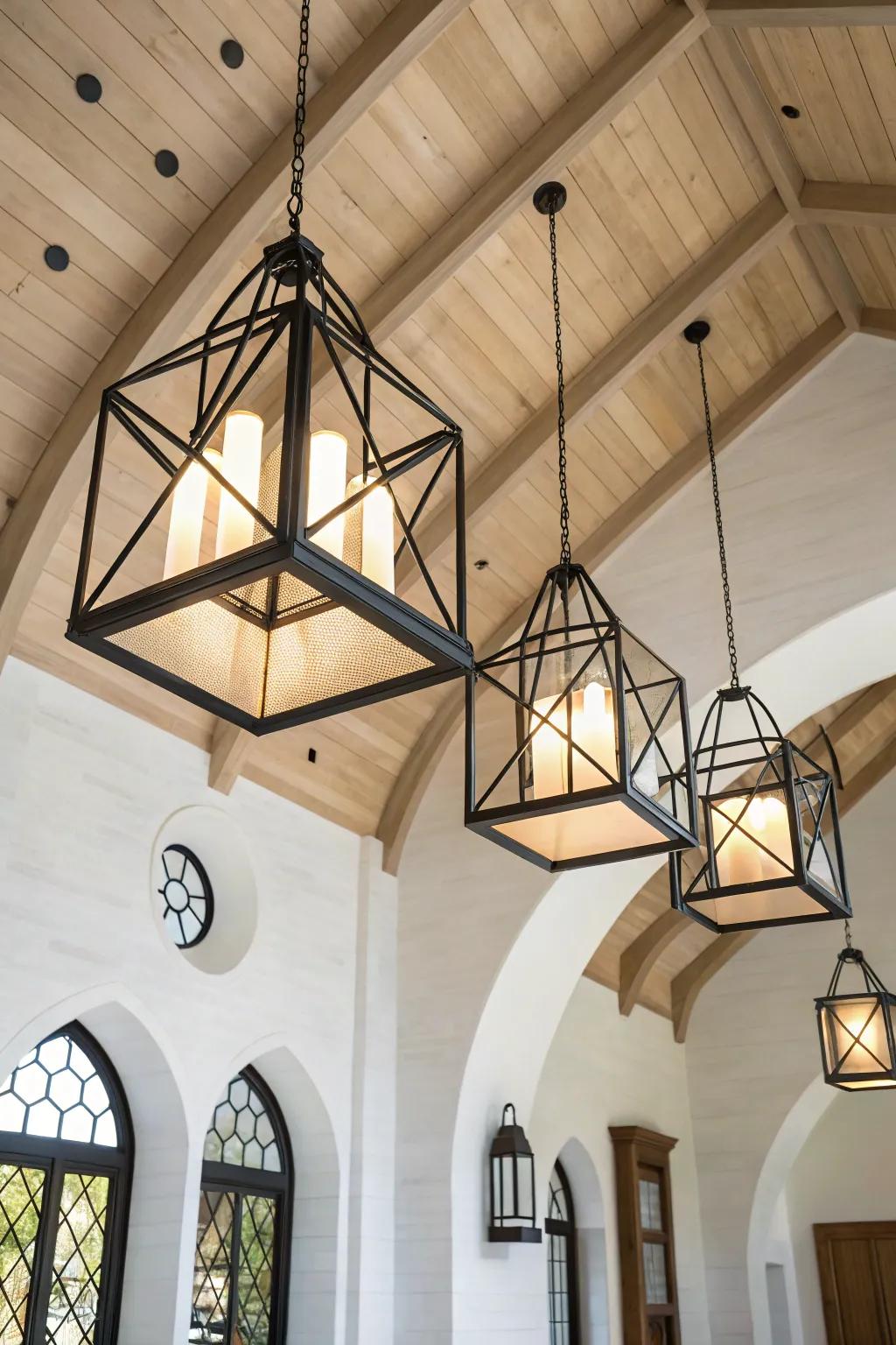 Oversized geometric pendants bring a modern, crafted focal point to a warm wood church foyer.