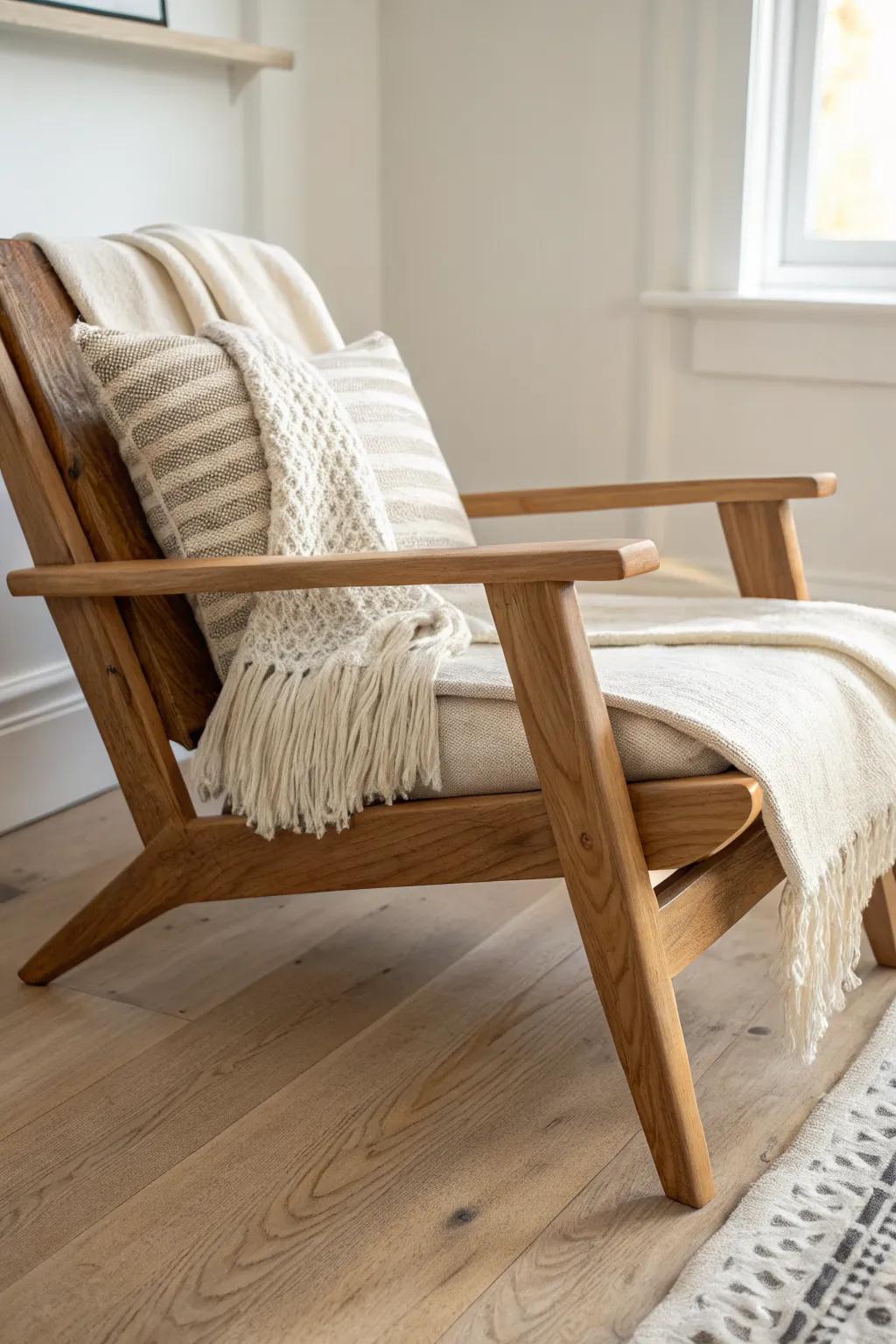 Layer linen and wool on warm oak to add depth—texture makes modern classics glow.