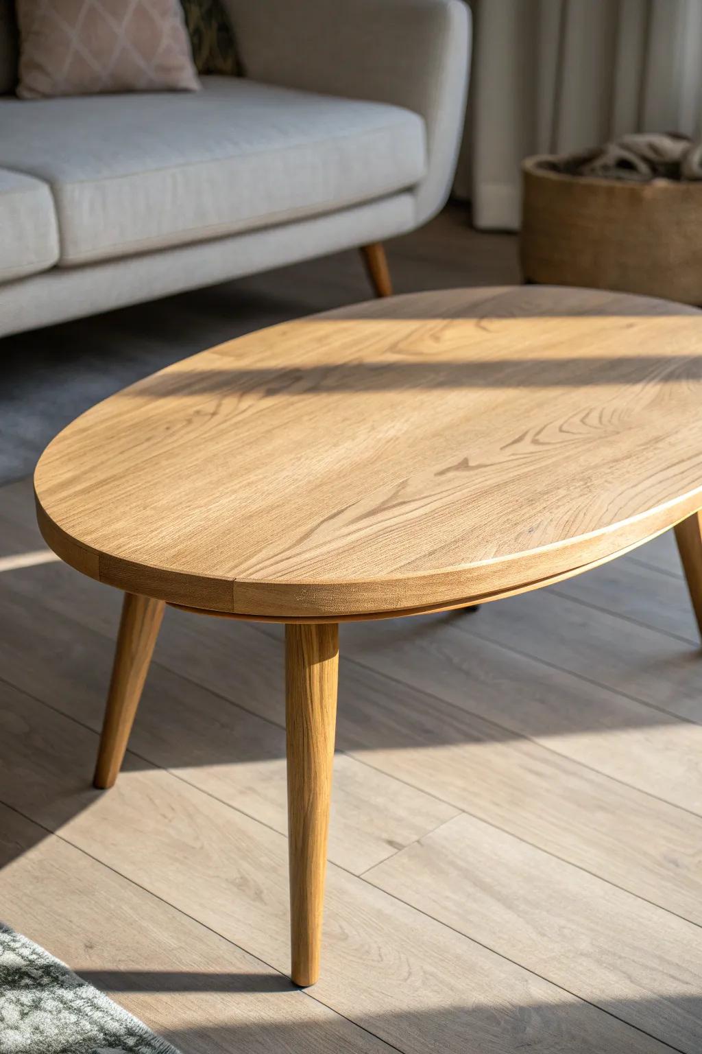 Oval oak coffee table: all the surface you need, no sharp corners—perfect for narrow rooms.