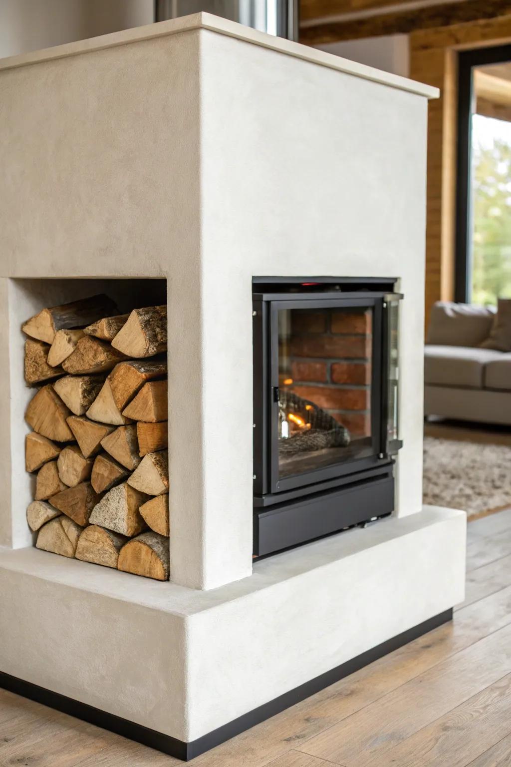 A modern corner fireplace with a built-in wood niche—minimal design, maximum warmth.