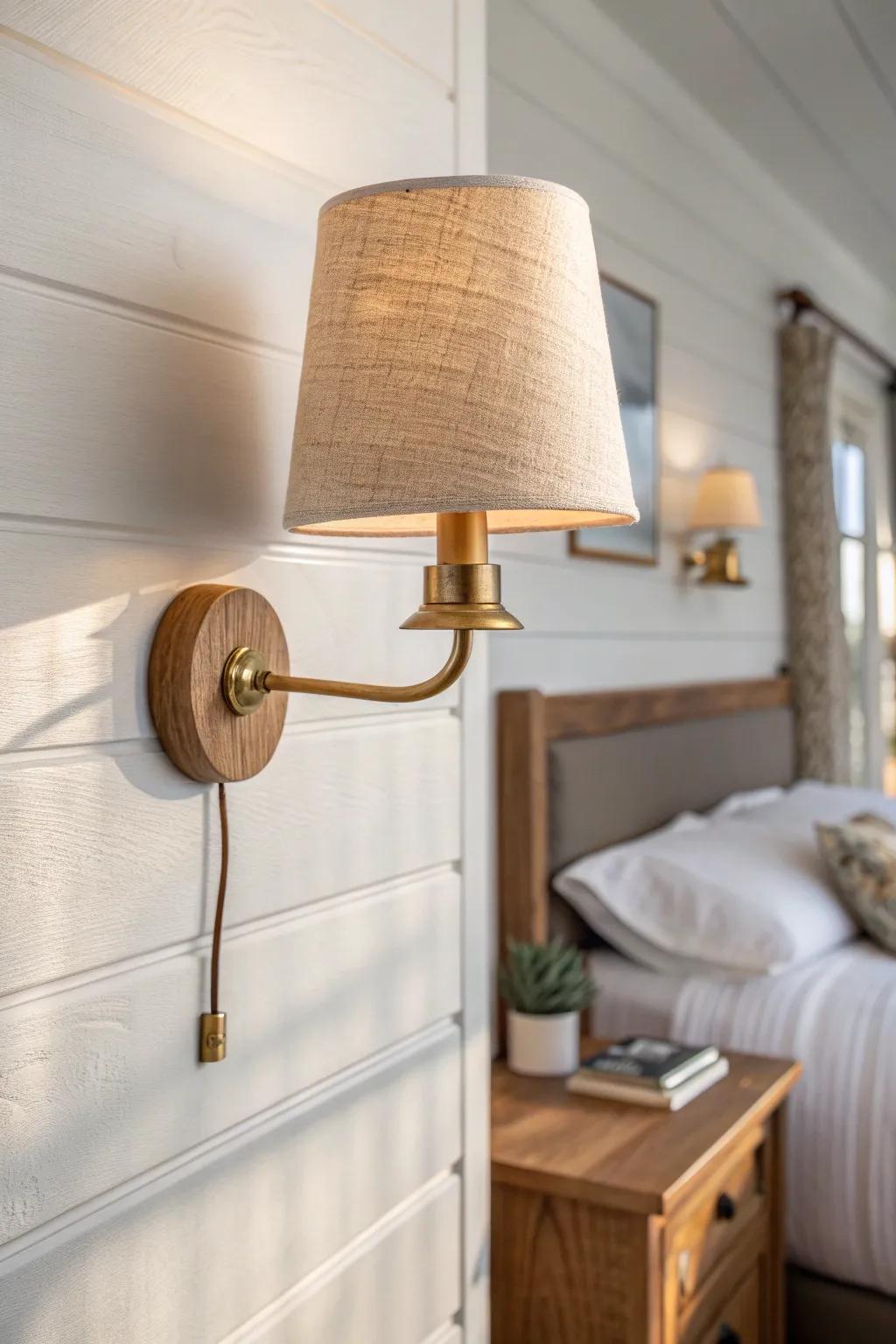 Handcrafted wall sconce glow keeps the nightstand clear—modern cottage calm with warmth.