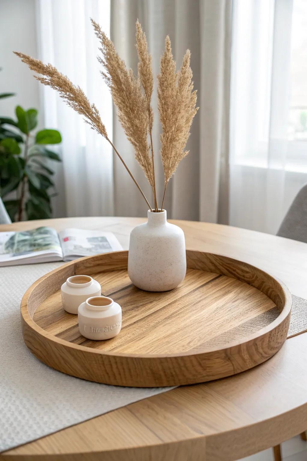 A simple wooden tray keeps your centerpiece polished, contained, and easy to swap.