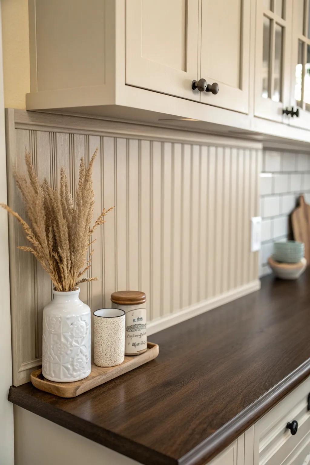 Warm greige beadboard backsplash brings modern farmhouse charm to a minimalist coffee nook.
