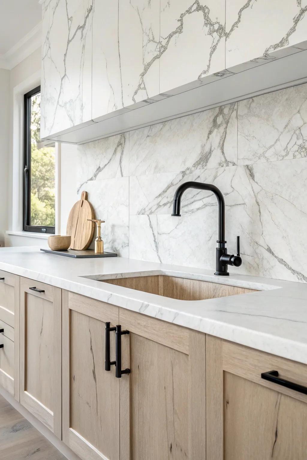 Seamless stone countertop + full-height backsplash, softened with warm wood farmhouse accents.