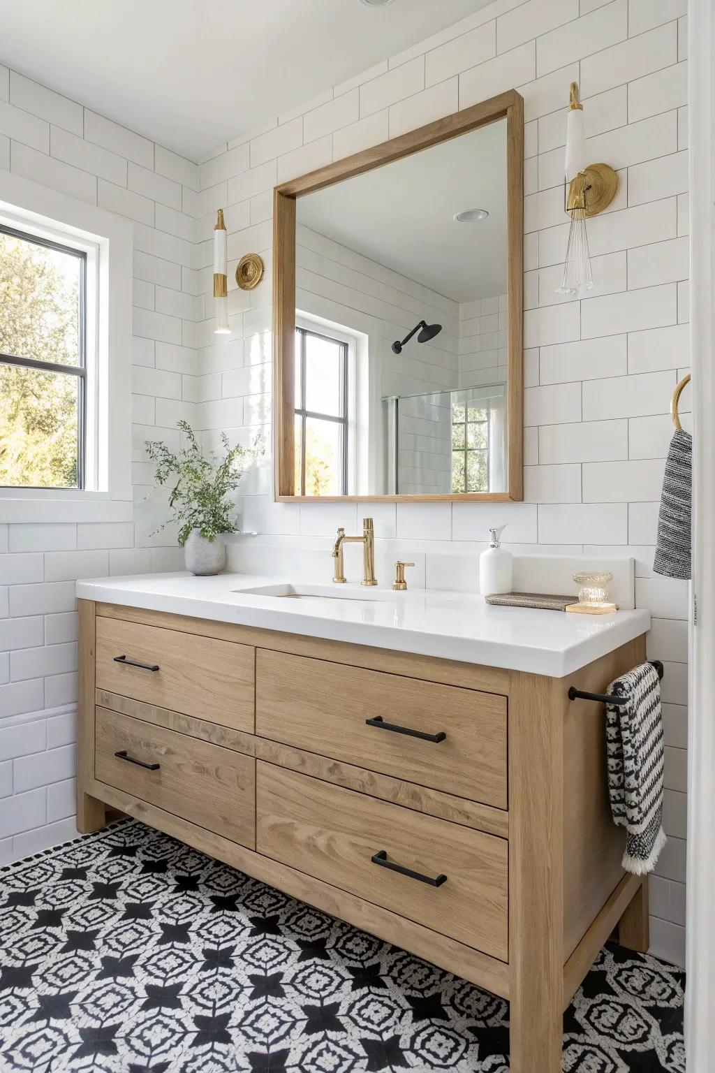 Bold patterned tile under a calm oak vanity—modern farmhouse charm with clean Scandinavian balance.
