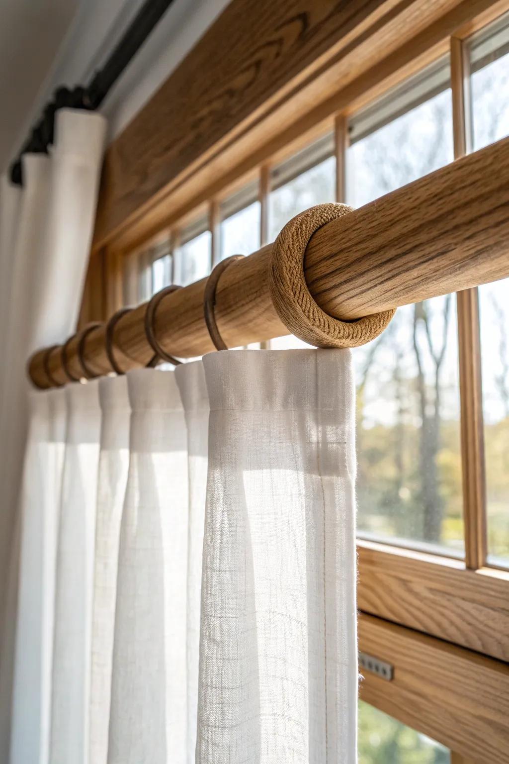 Layered linen sheers and warm drapes on an oak rod—light by day, privacy by night.