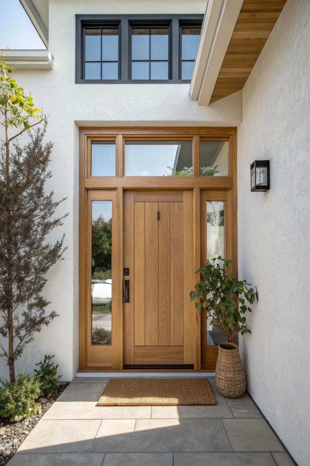A crisp transom-framed rectangle trim makes the entry feel taller, brighter, and beautifully modern.