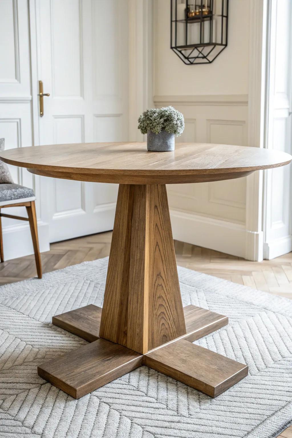 A slim oak top meets a bold sculptural base—modern dining design with warm wood grain.