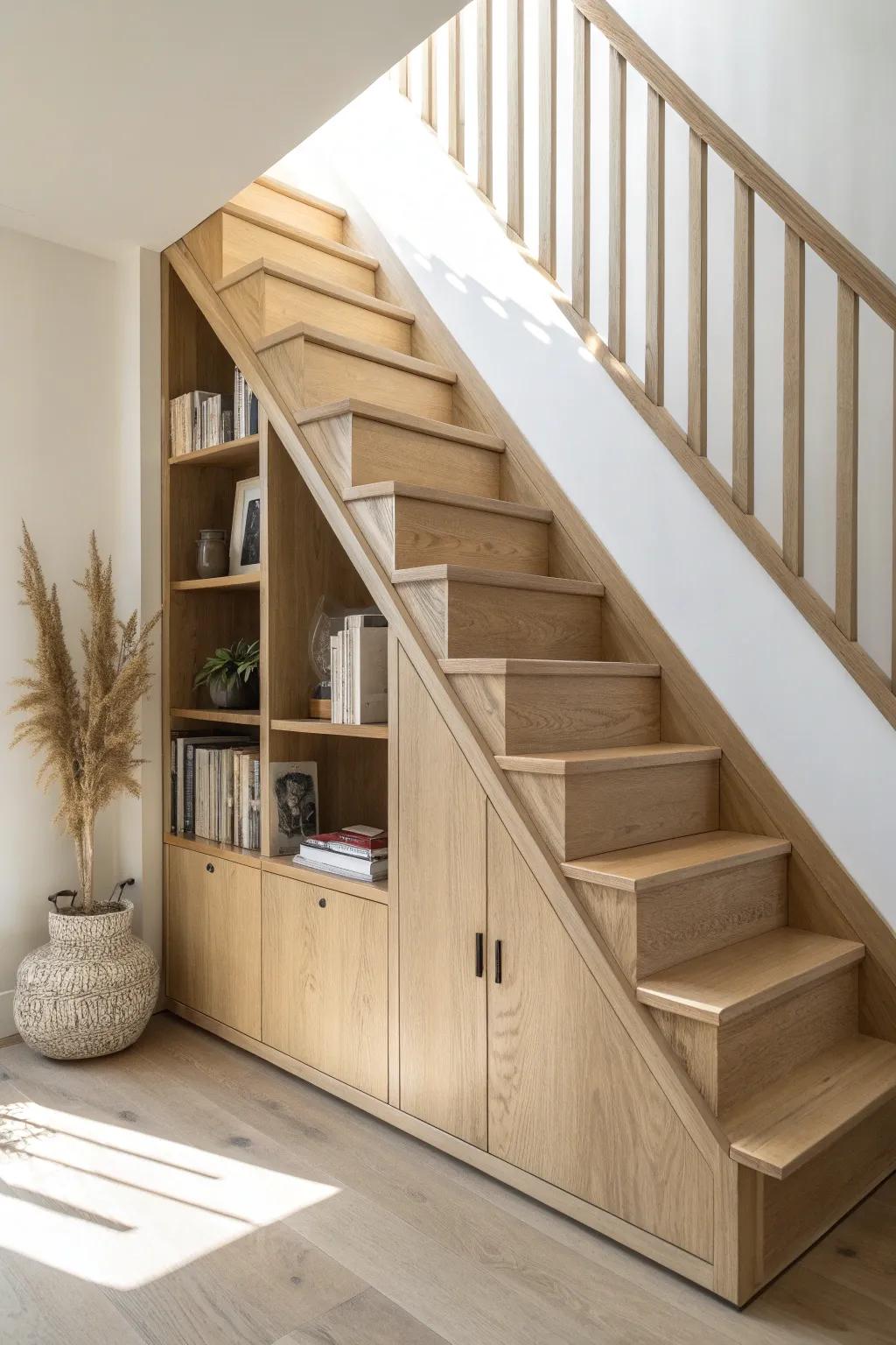 A sleek under-stairs oak built-in with custom cubbies turns wasted space into a modern library.