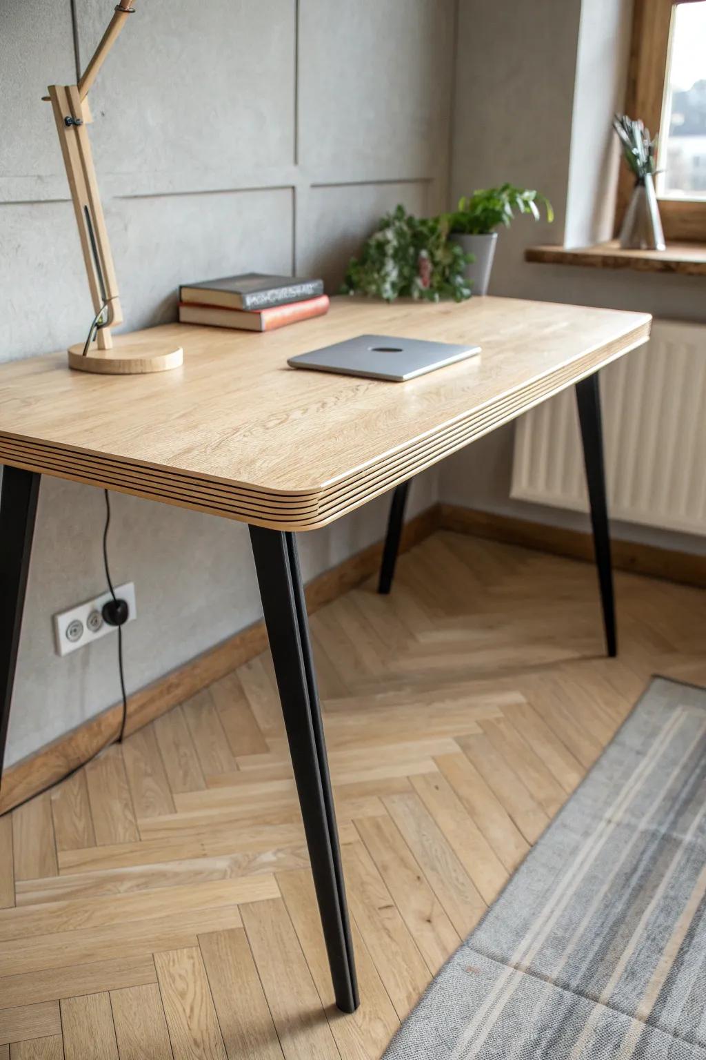 Minimal plywood L-desk: laptop corner + spread-out crafting space, clean lines and warm wood grain.