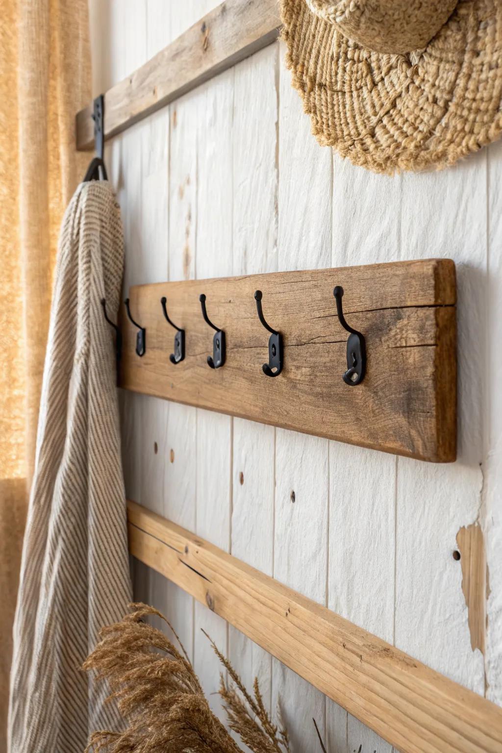 Reclaimed wood backer + matte black hooks: a modern-rustic entryway feature with clean contrast.