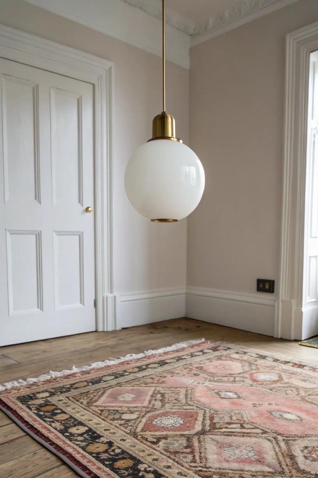 A faded vintage rug and a sleek pendant light—modern tradition with warm, quiet contrast.