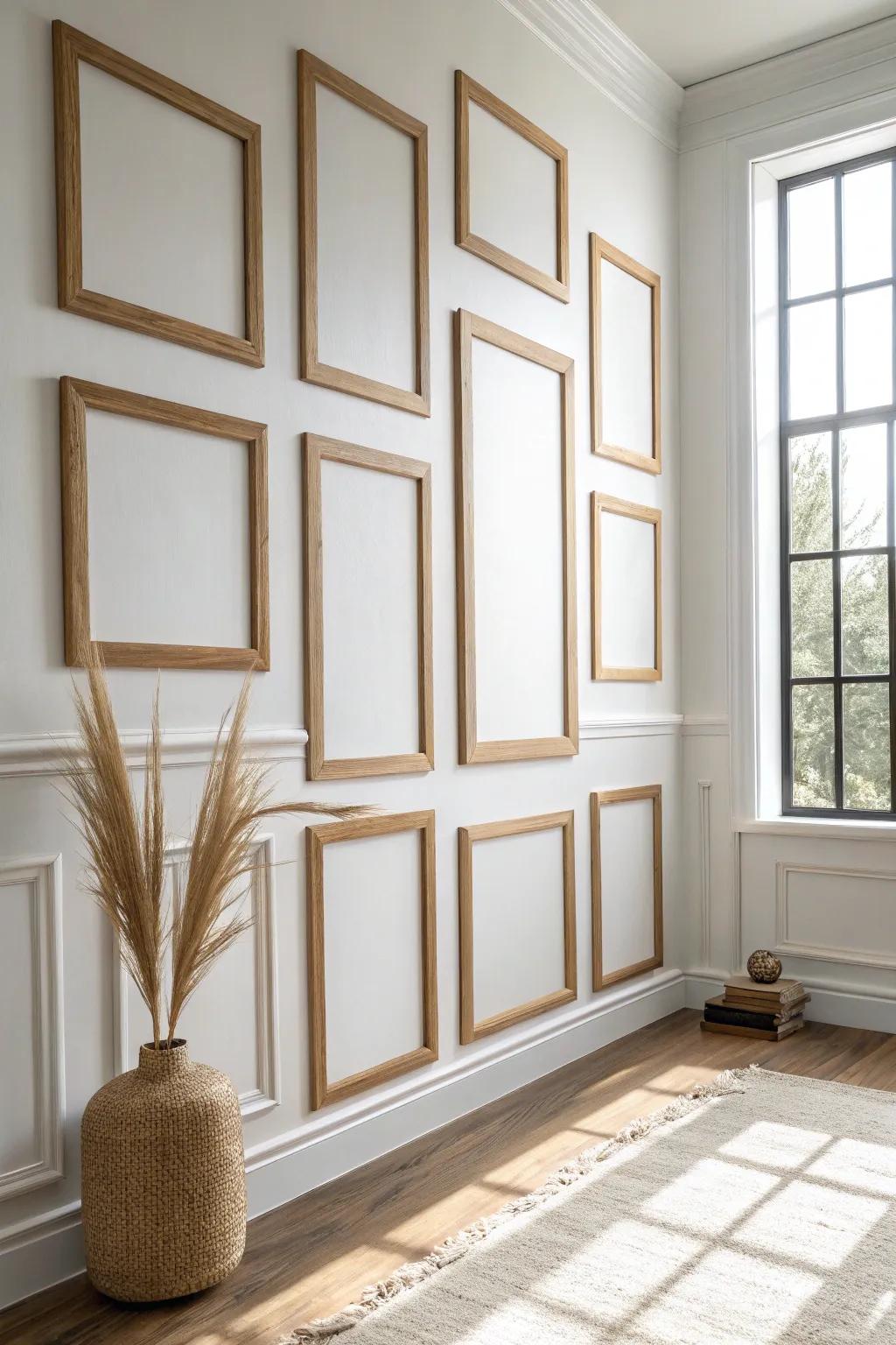 Asymmetrical oak trim panels that feel like modern art—clean lines, bold contrast, and warmth.