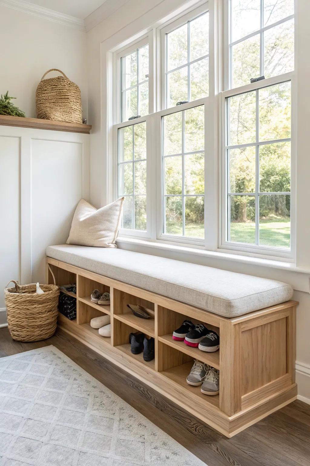 A bright oak mudroom window seat with tidy shoe cubbies—minimal, warm, and beautifully practical.