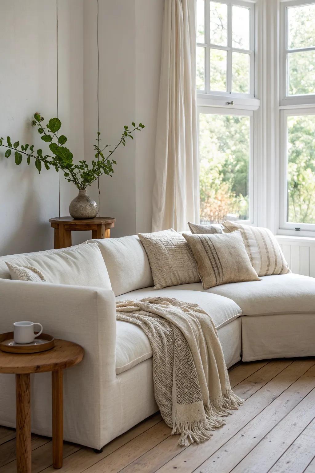 Angle a modular sofa into the window corner—add a wood pedestal table for the coziest nook.