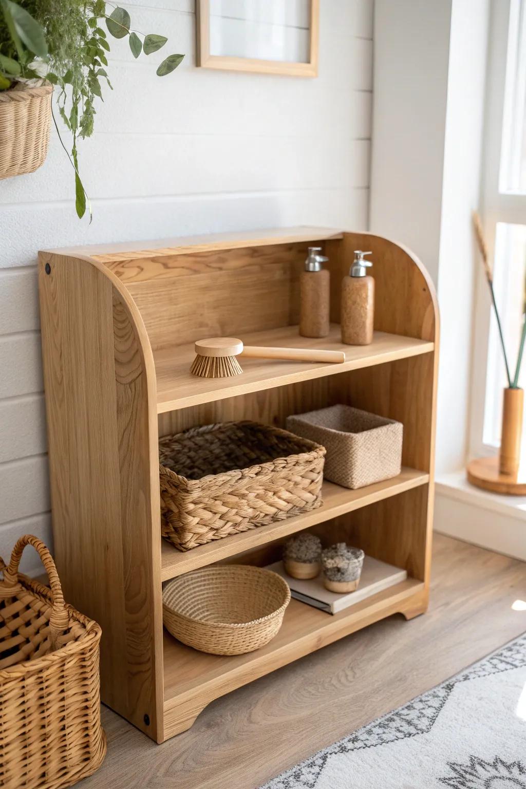 A calm practical-life shelf corner: brush, dustpan, and watering can within easy reach.