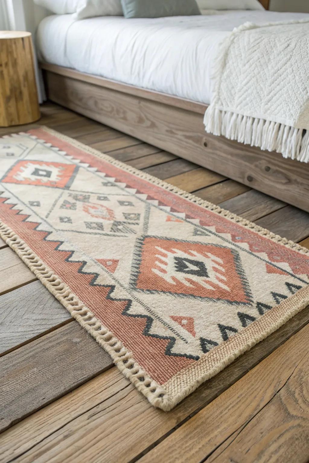 Wide-plank wood floors meet cozy layered wool rugs for a modern mountain bedroom feel.