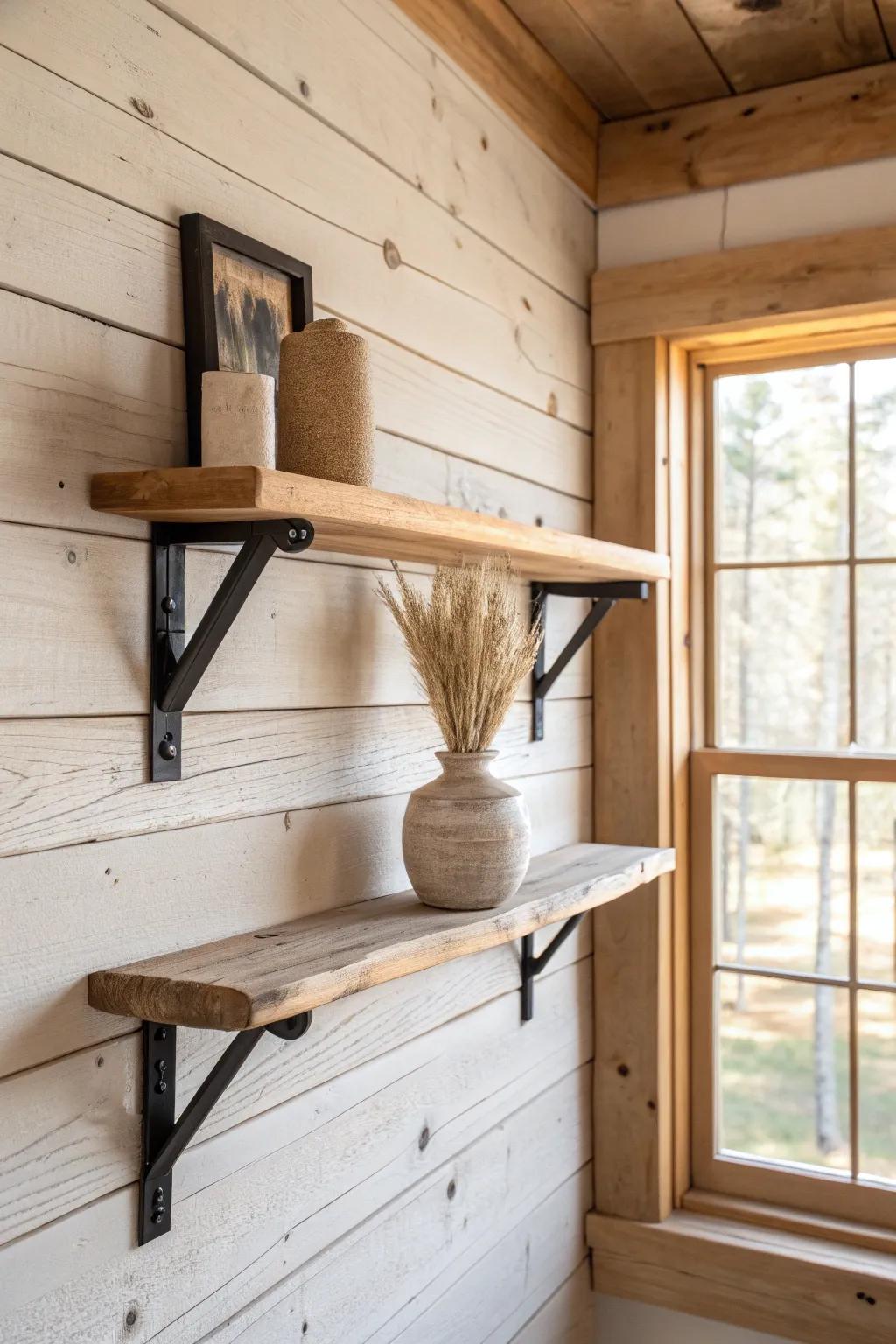 Reclaimed wood shelf with chunky brackets—rustic-luxe cabin style with a soft Nordic touch.