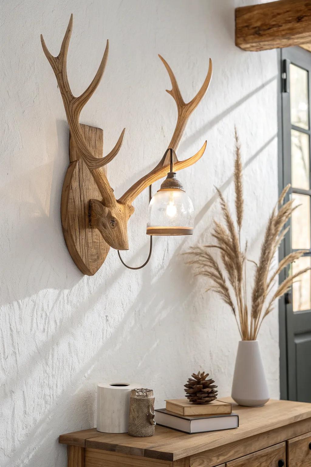 A subtle antler-inspired wooden sconce adds mountain charm without overwhelming the room.