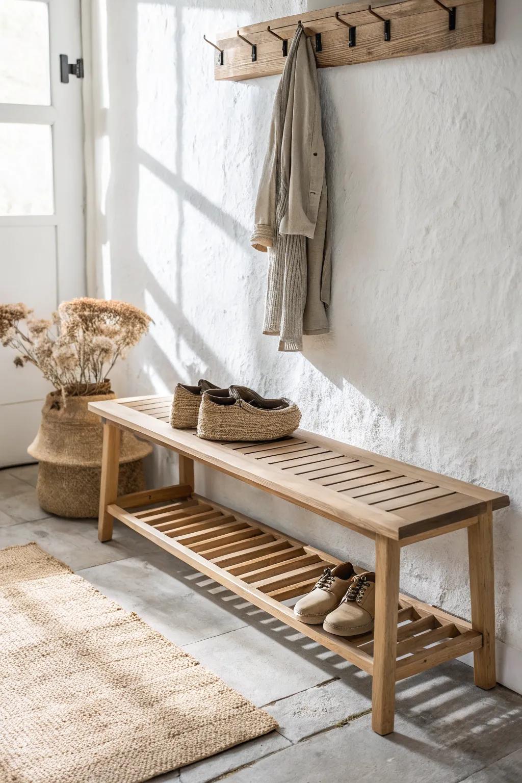 Light oak floating bench with airy slatted shoe rack—minimal, warm, and easy to clean.