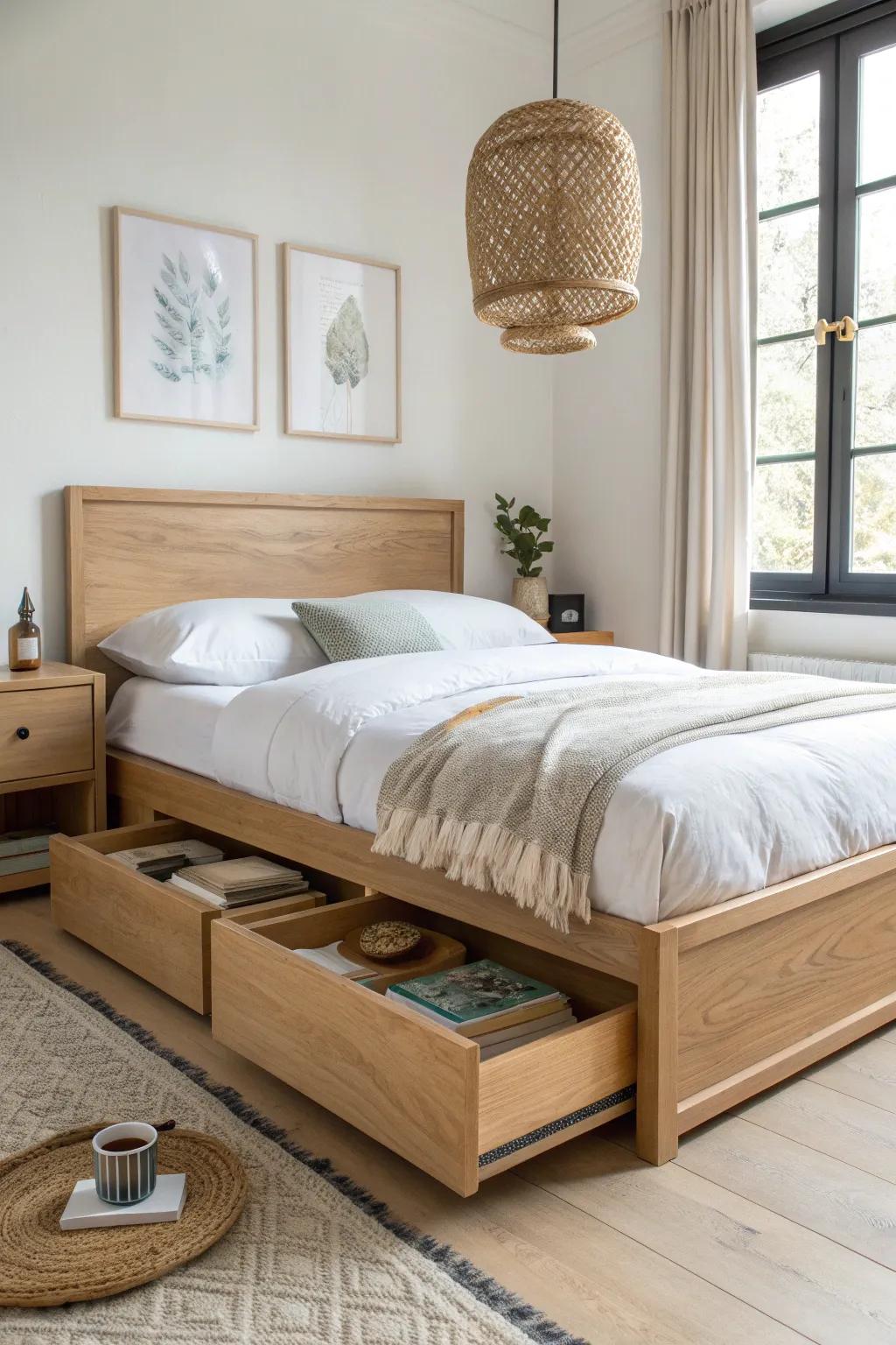 A sleek oak platform bed with drawers and a headboard shelf—storage and style in one piece.