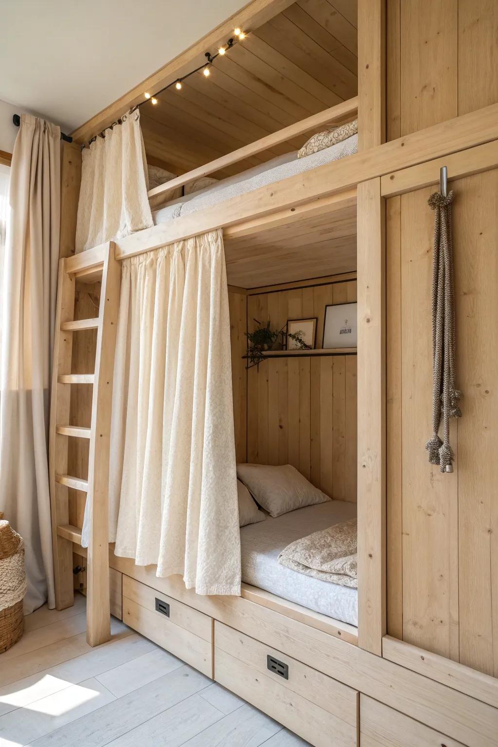 Bunk nooks with linen privacy curtains—one shared room, two cozy little retreats.