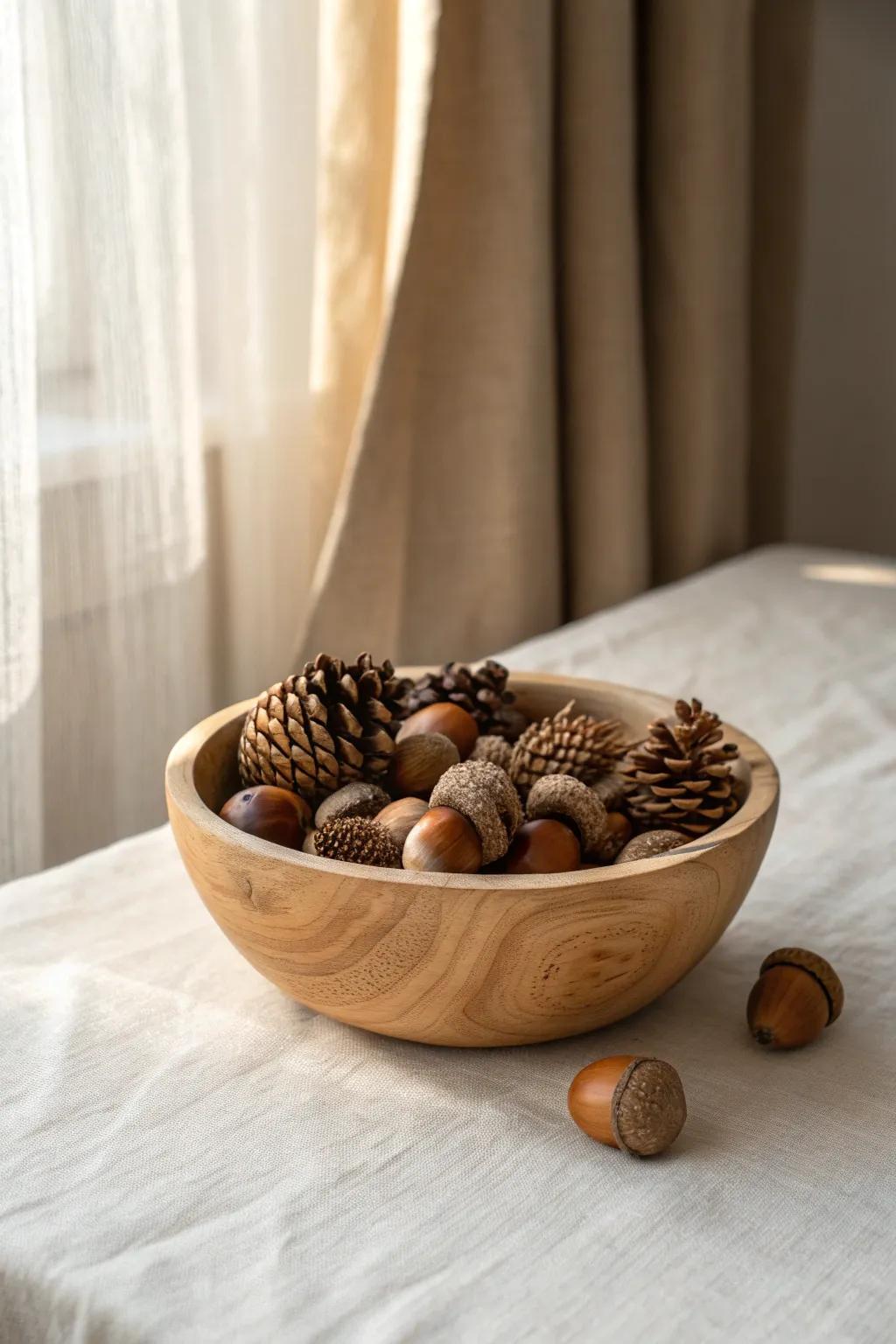 A timeless wooden bowl of pinecones and acorns—simple, cozy fall decor you can reuse yearly.