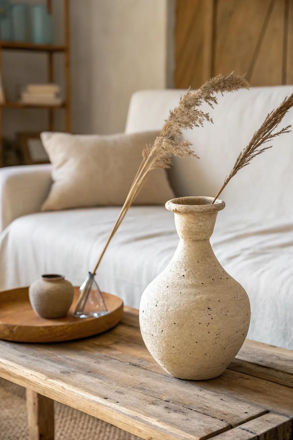 Unglazed ceramics on raw oak bring a calm, earthy glow to a natural living room.