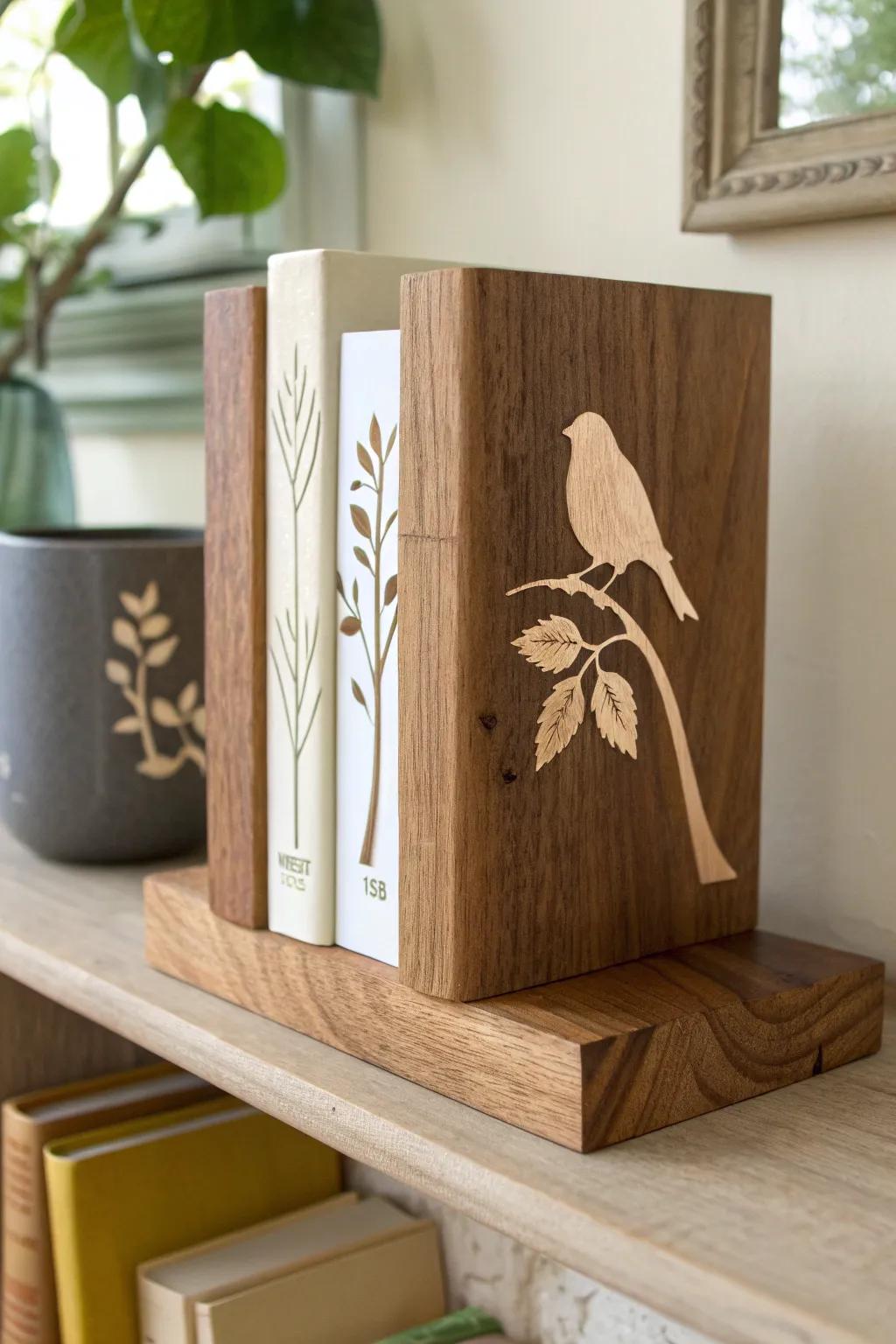 Rustic bird-and-leaf bookends in matte wood tones—simple, cozy woodland style for shelves.