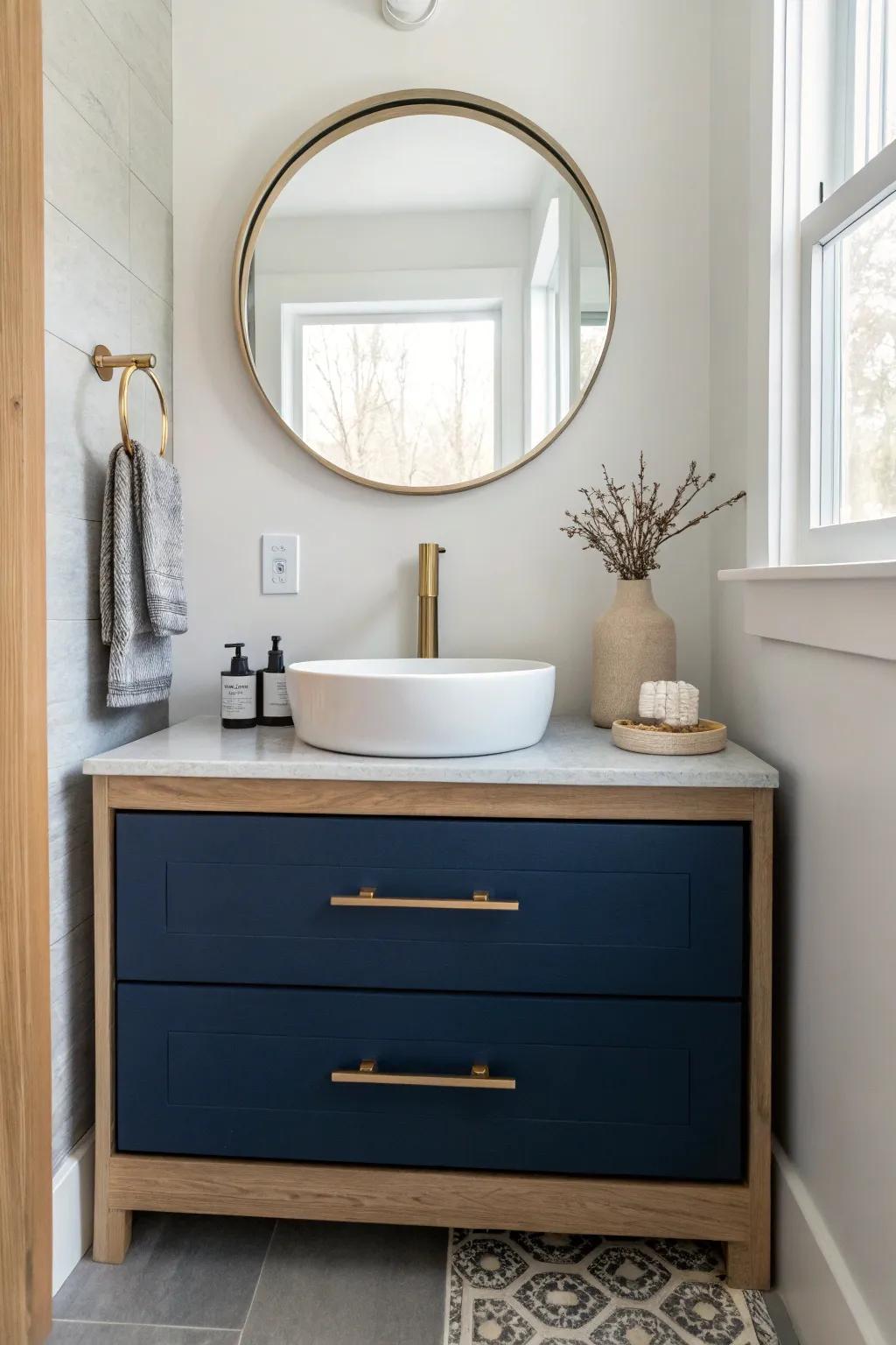 A small-space navy vanity moment: big mirror, warm oak detail, and bright minimalist contrast.