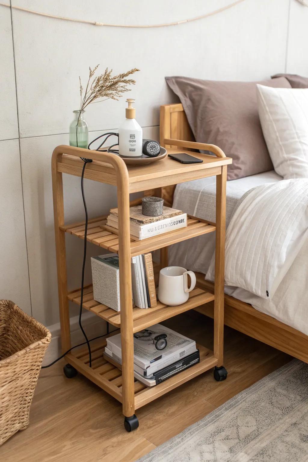 A rolling cart nightstand in light oak—tidy tray top, shelves for books, skincare, and chargers.