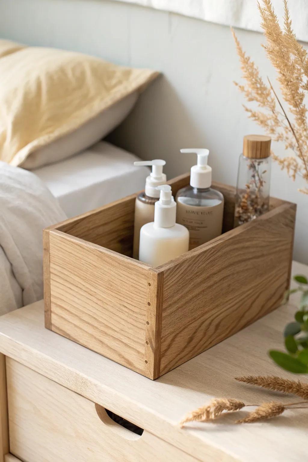 A deep wooden bin keeps tall bottles upright—no tipping, no leaks, just calm nightstand order.