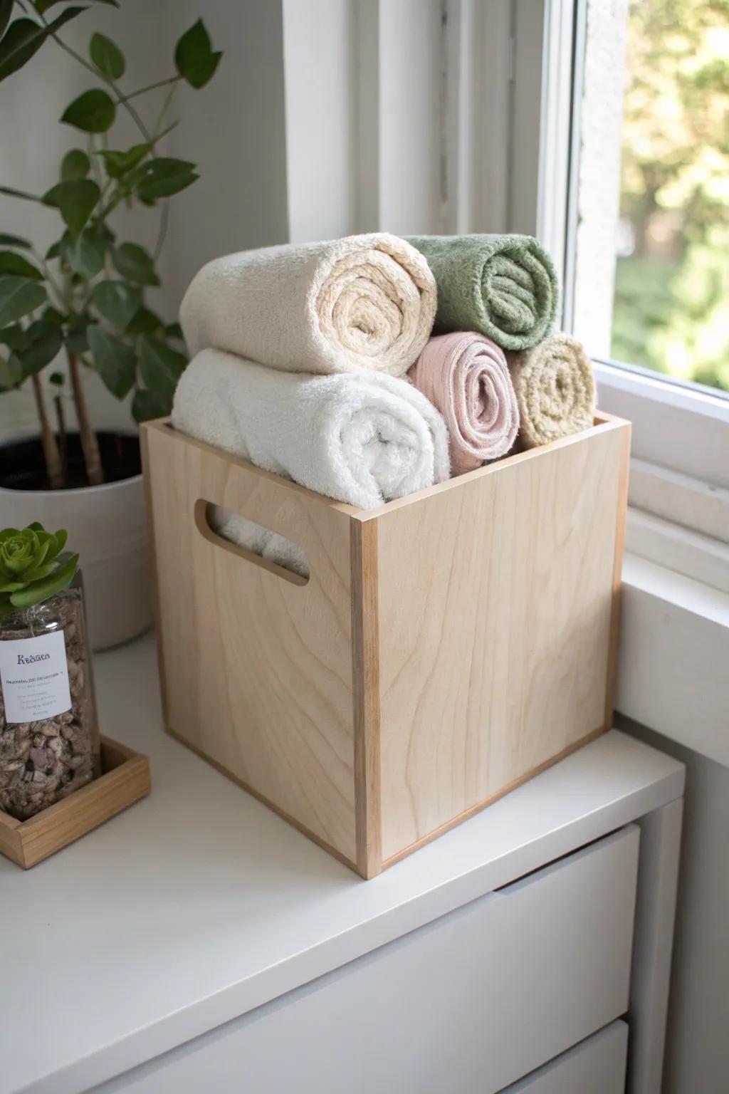 Roll swaddles upright in a wooden cube bin—easy to “shop” like towels during late-night changes.
