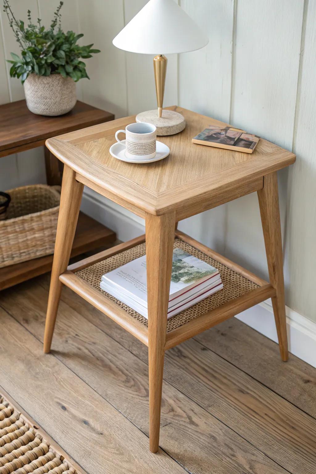 A space-saving wedge side table that tucks into the nursery corner—minimal, warm, and handmade.