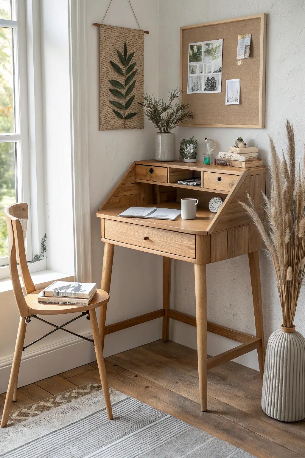 A cozy corner desk setup with airy shelves—small space, big focus and warm wood texture.