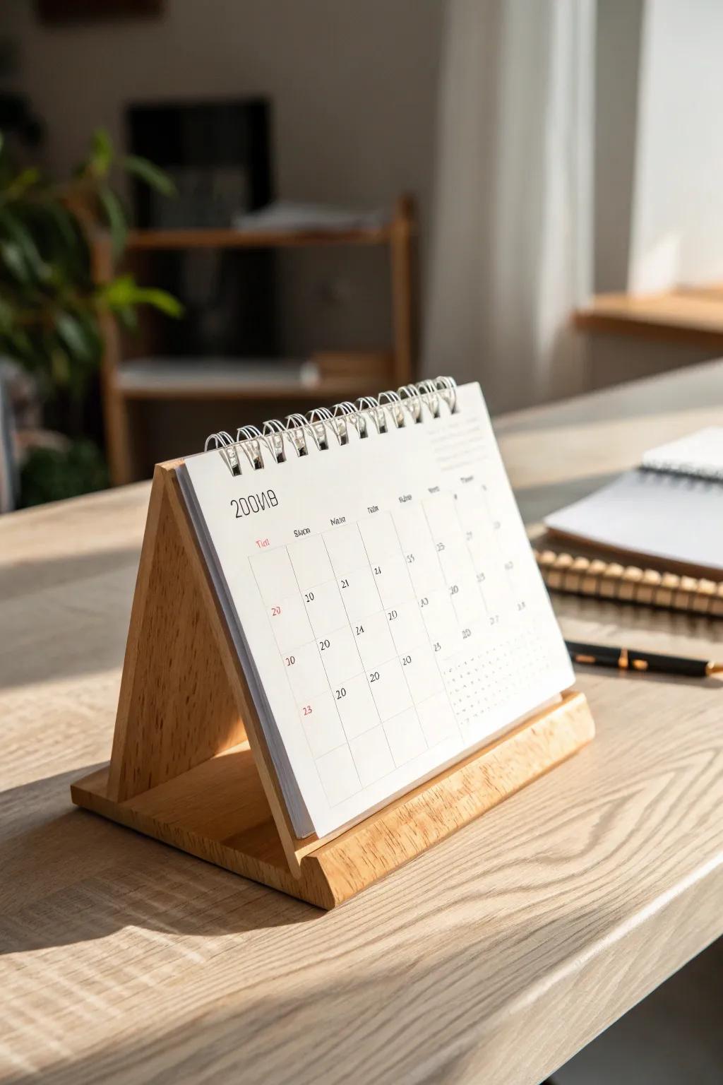 A simple desk calendar on an oak stand—practical planning that looks beautifully intentional.