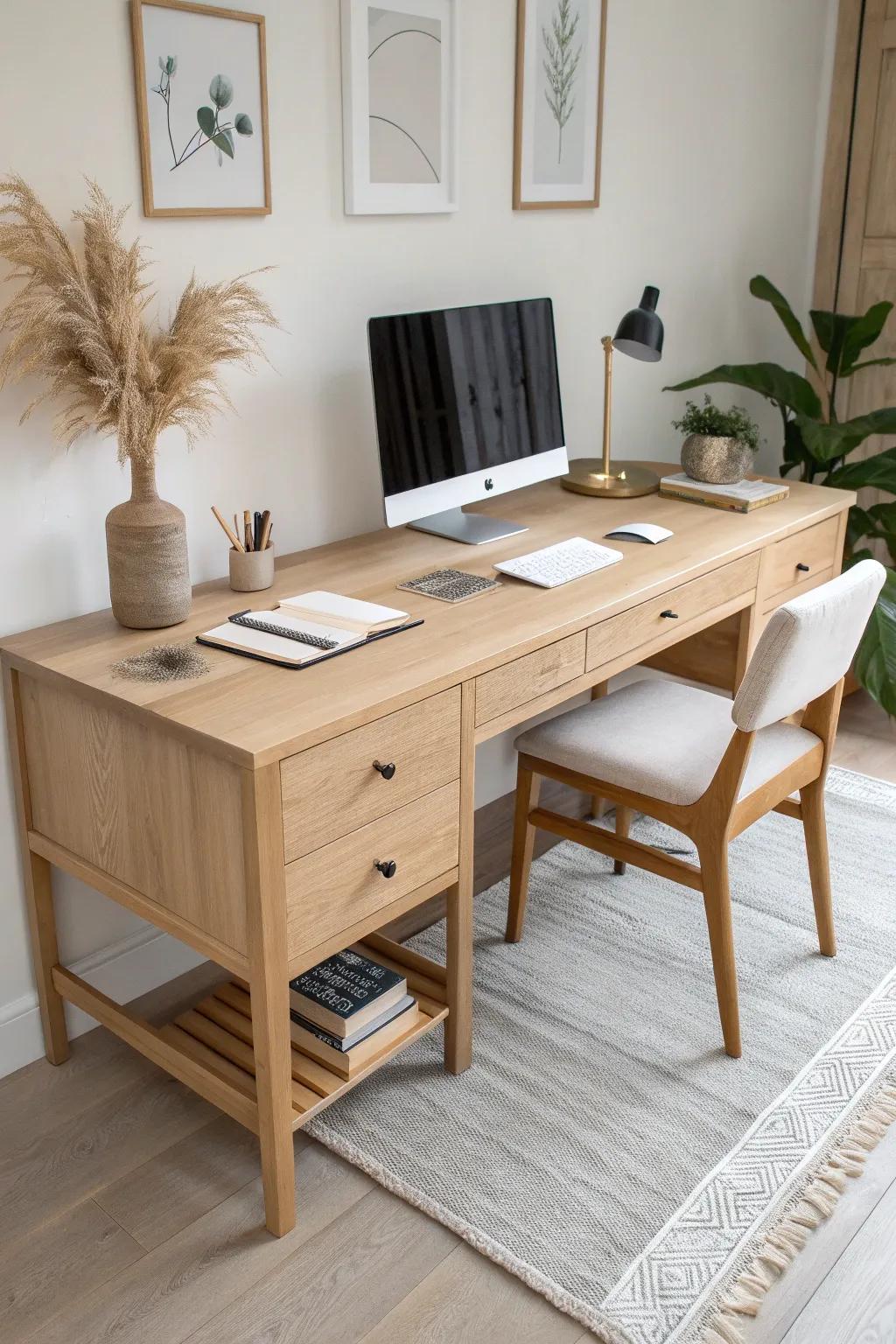Light oak bench desk for two with a tidy center power zone—balanced, minimal, and warm.