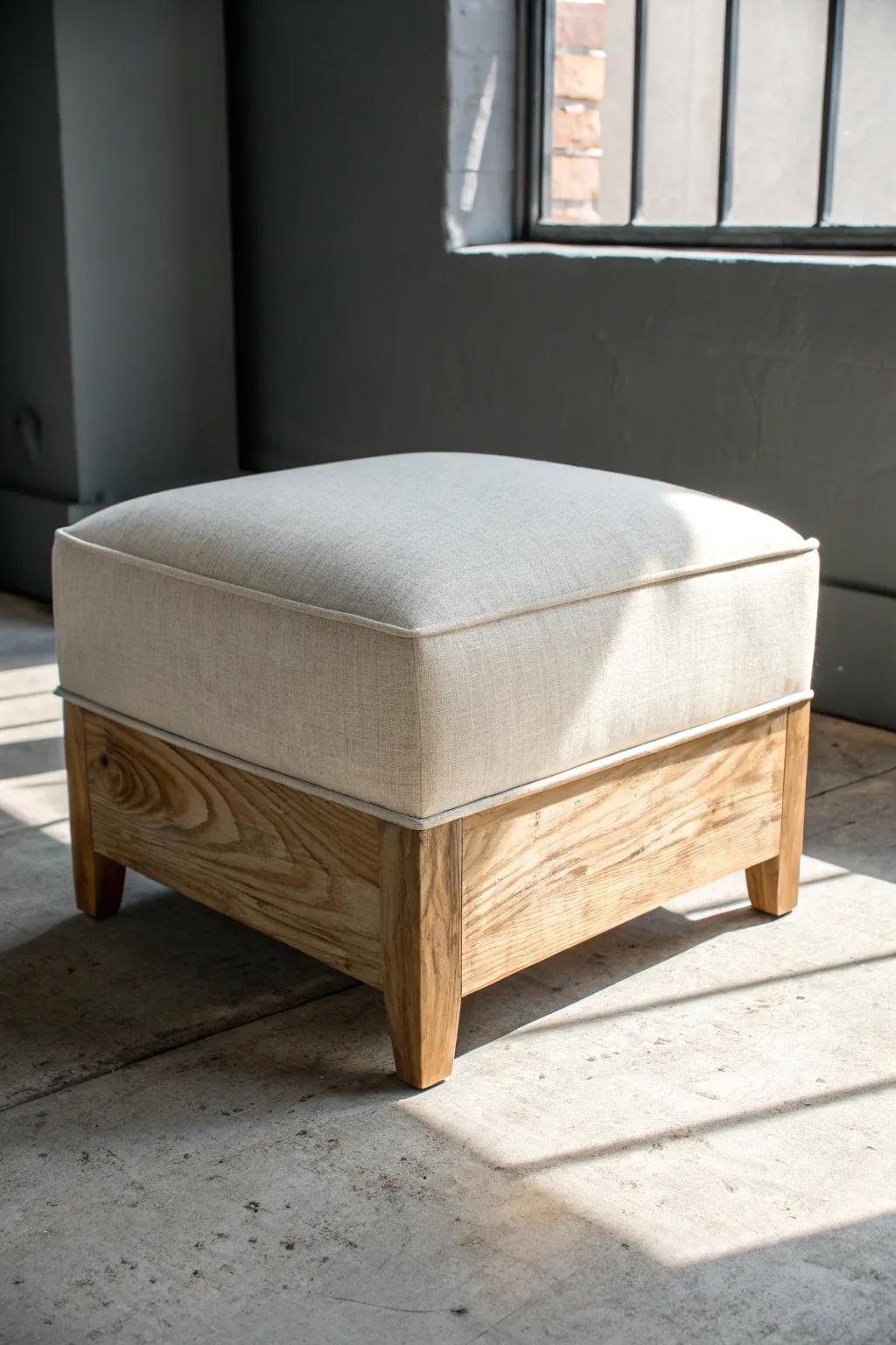Handcrafted linen ottoman pouf—extra lobby seating with warm plywood detail and calm boho texture.