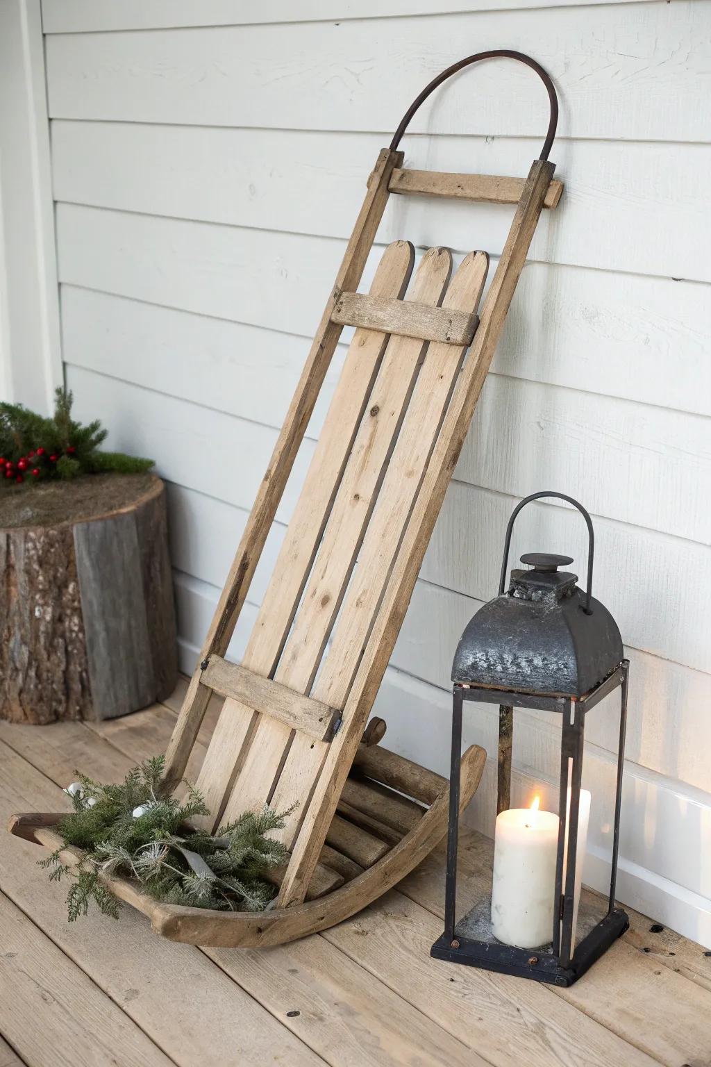 A rustic lantern glow at the sled’s base turns a simple lean into a cozy winter vignette.