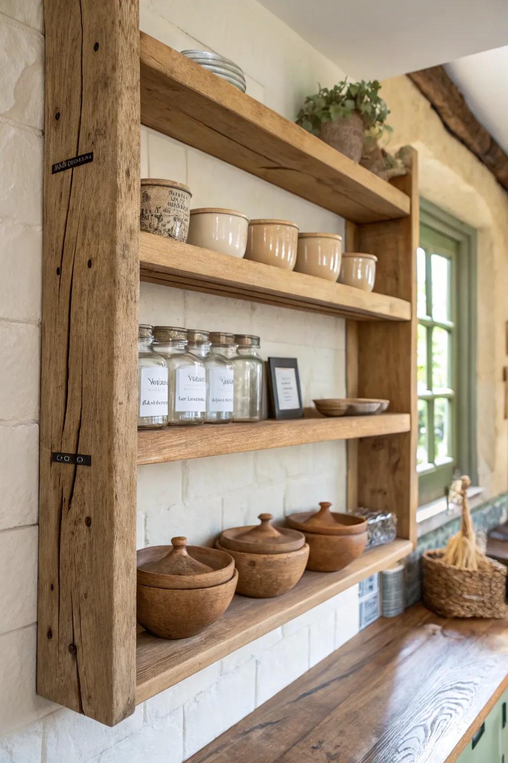 Reclaimed oak open shelf styled with pottery and jars—old world warmth, minimalist calm.