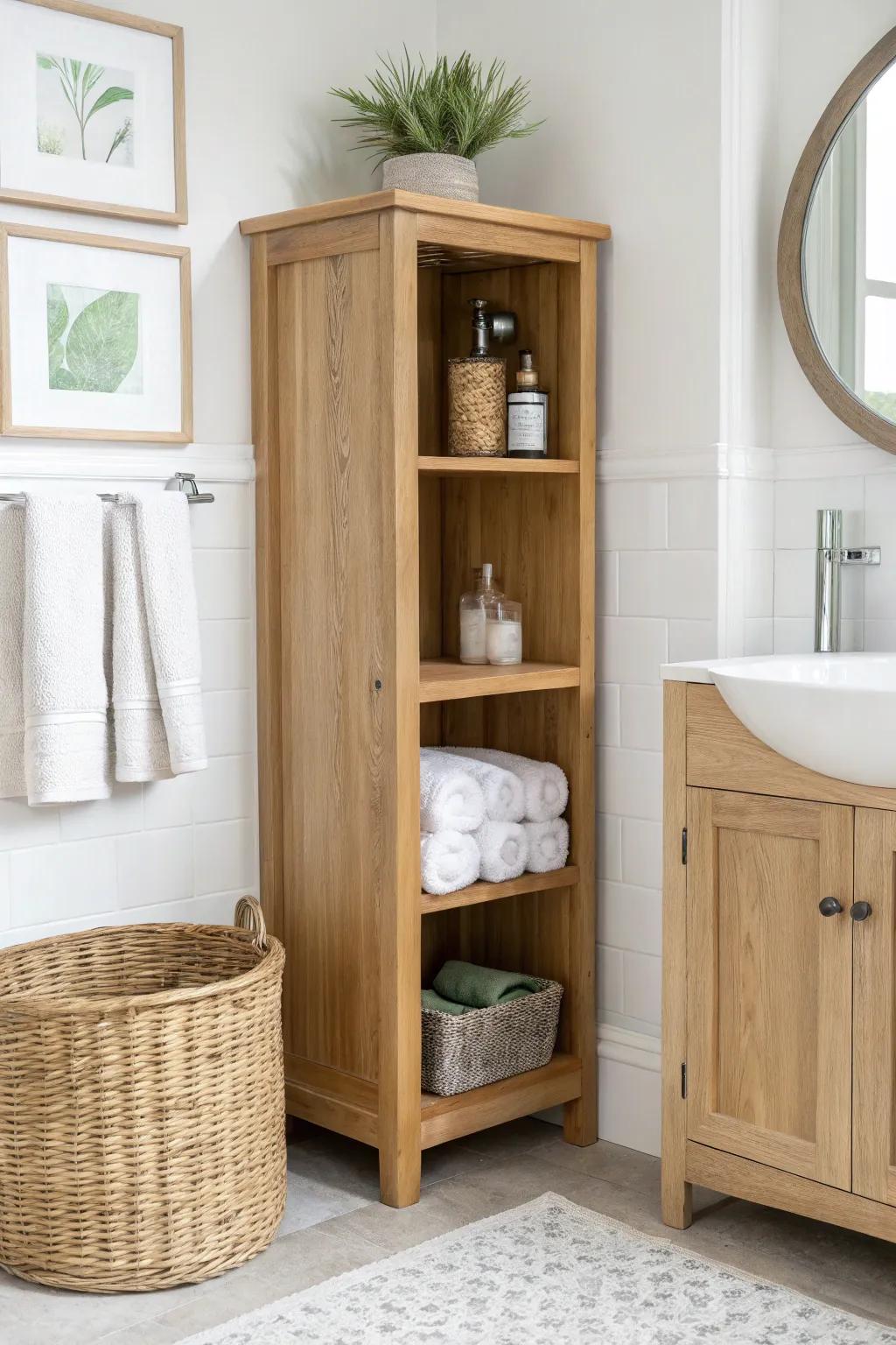 Turn the corner into calm storage with a handcrafted open cabinet for baskets and towels.