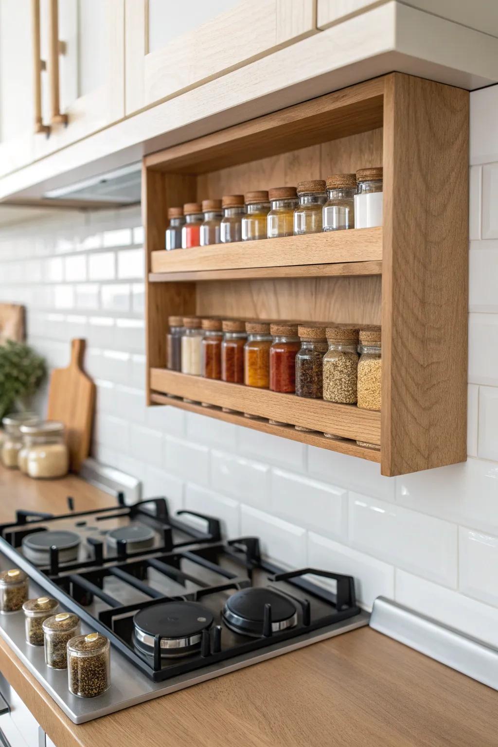 Slim oak spice ledge with matching jars—open-cabinet storage that keeps cooking calm and quick.