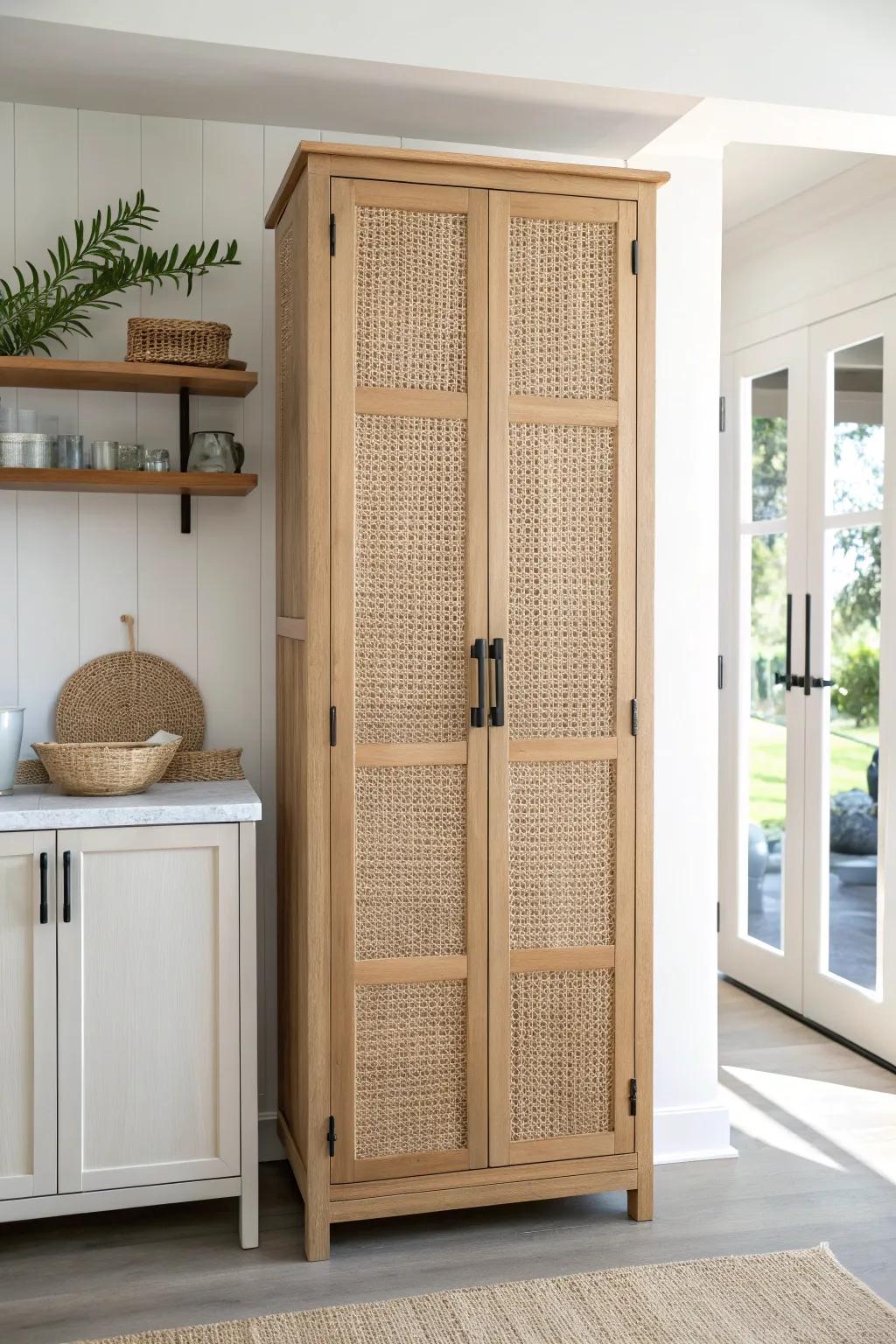 Floor-to-ceiling oak pantry wall keeps an open raised-ranch kitchen calm and clutter-free.
