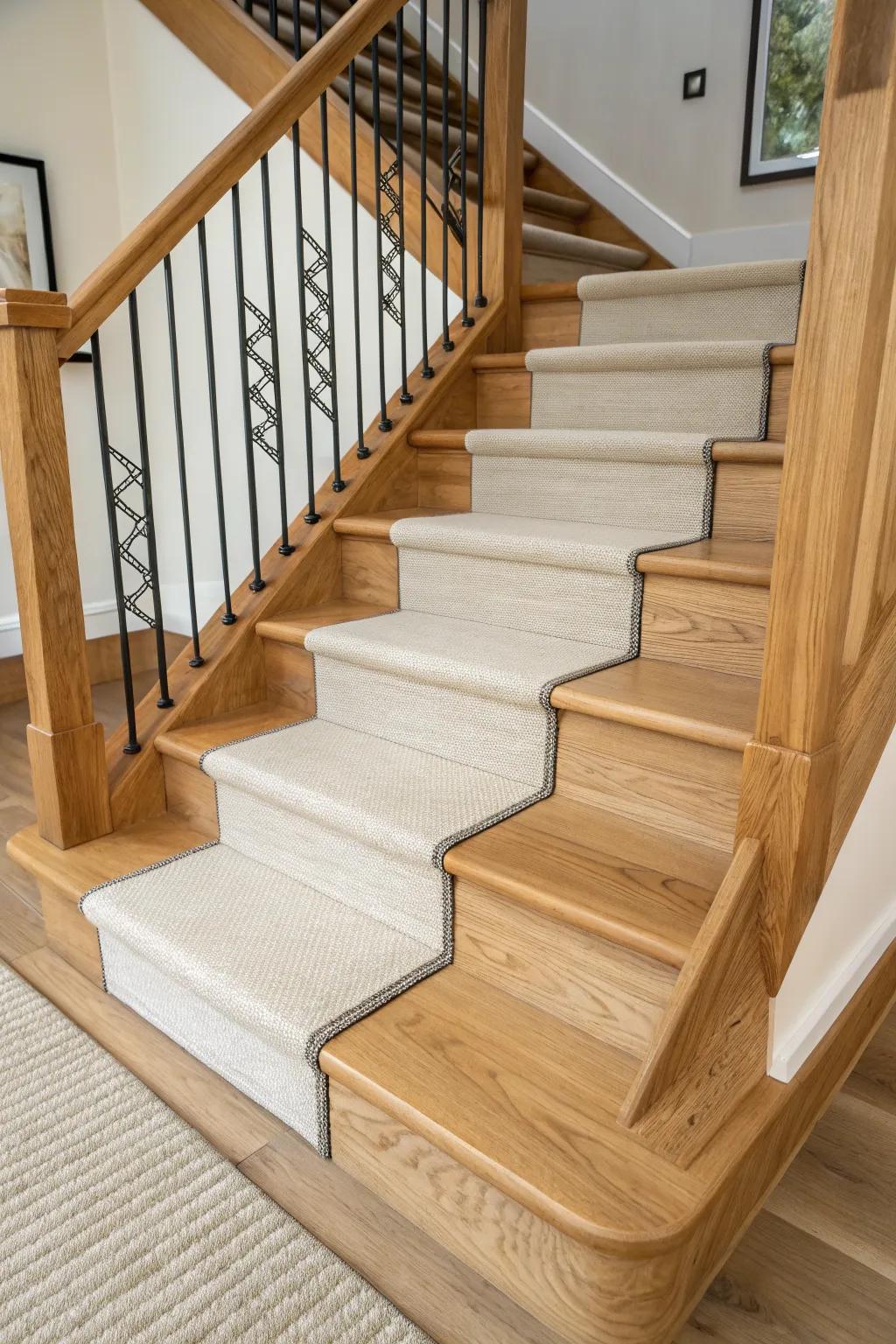 Low-pile carpet keeps open-tread stairs crisp—clean edges, modern lines, timeless calm.